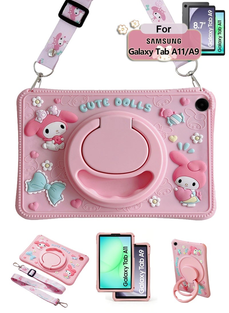 غطاء سيليكون لجهاز Samsung Galaxy Tab A9 / A11 مقاس 8.7 بوصة، طرازات 2023/2025، مزود بحامل قابل للدوران 360 درجة، حافظة واقية محمولة للجهاز اللوحي، حافظة مقاومة للصدمات مزودة بحامل، حافظة لطيفة للجهاز اللوحي مخصصة للفتيات والأطفال، بتصميم «Cure Rabbit» - Image 1