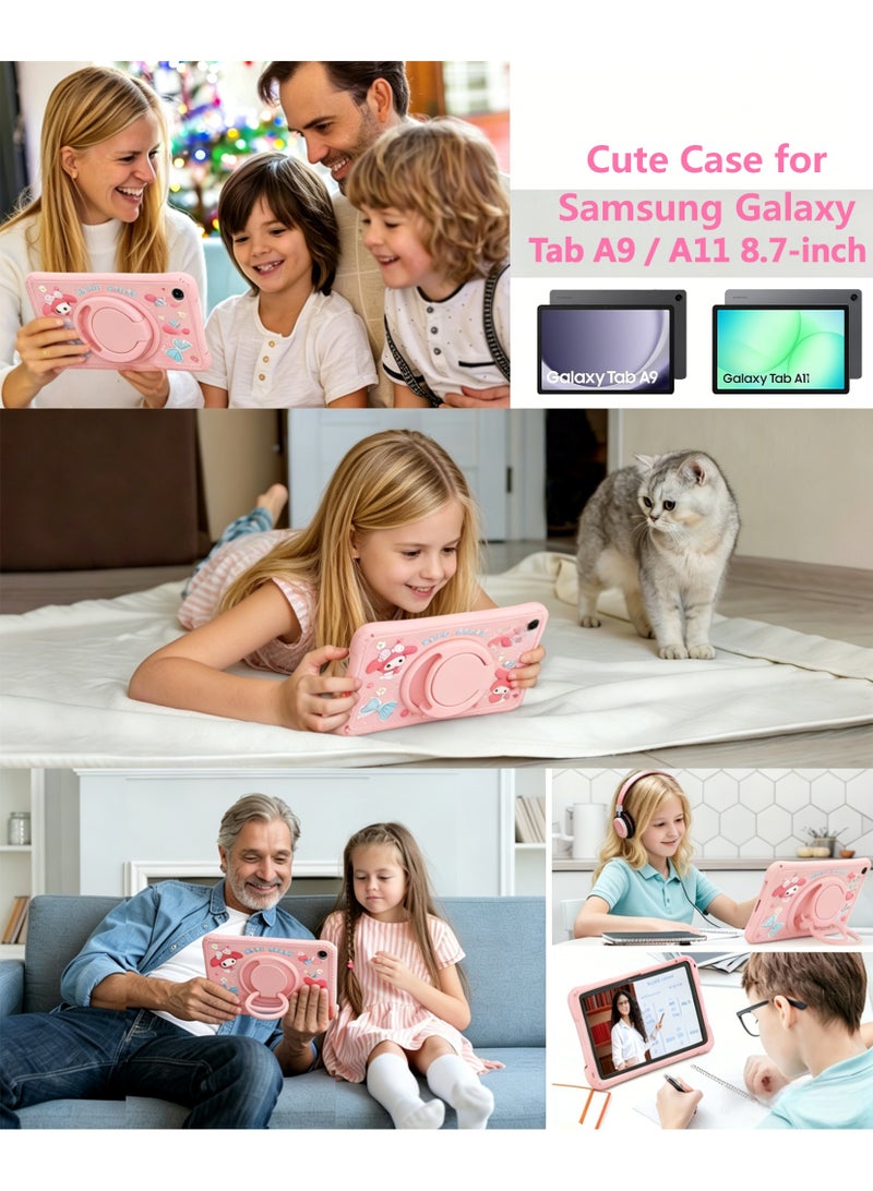 غطاء سيليكون لجهاز Samsung Galaxy Tab A9 / A11 مقاس 8.7 بوصة، طرازات 2023/2025، مزود بحامل قابل للدوران 360 درجة، حافظة واقية محمولة للجهاز اللوحي، حافظة مقاومة للصدمات مزودة بحامل، حافظة لطيفة للجهاز اللوحي مخصصة للفتيات والأطفال، بتصميم «Cure Rabbit» - Image 5