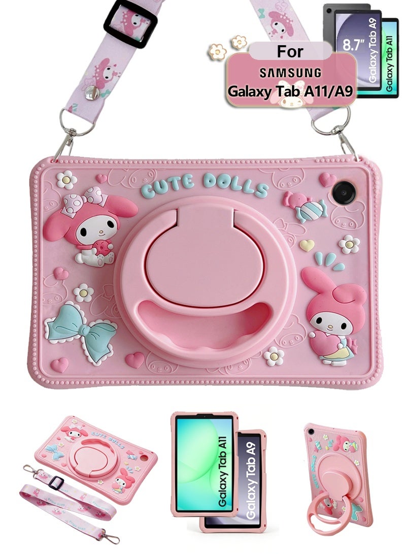 غطاء سيليكون لجهاز Samsung Galaxy Tab A9 / A11 مقاس 8.7 بوصة، طرازات 2023/2025، مزود بحامل قابل للدوران 360 درجة، حافظة واقية محمولة للجهاز اللوحي، حافظة مقاومة للصدمات مزودة بحامل، حافظة لطيفة للجهاز اللوحي مخصصة للفتيات والأطفال، بتصميم «Cure Rabbit» - Image 1