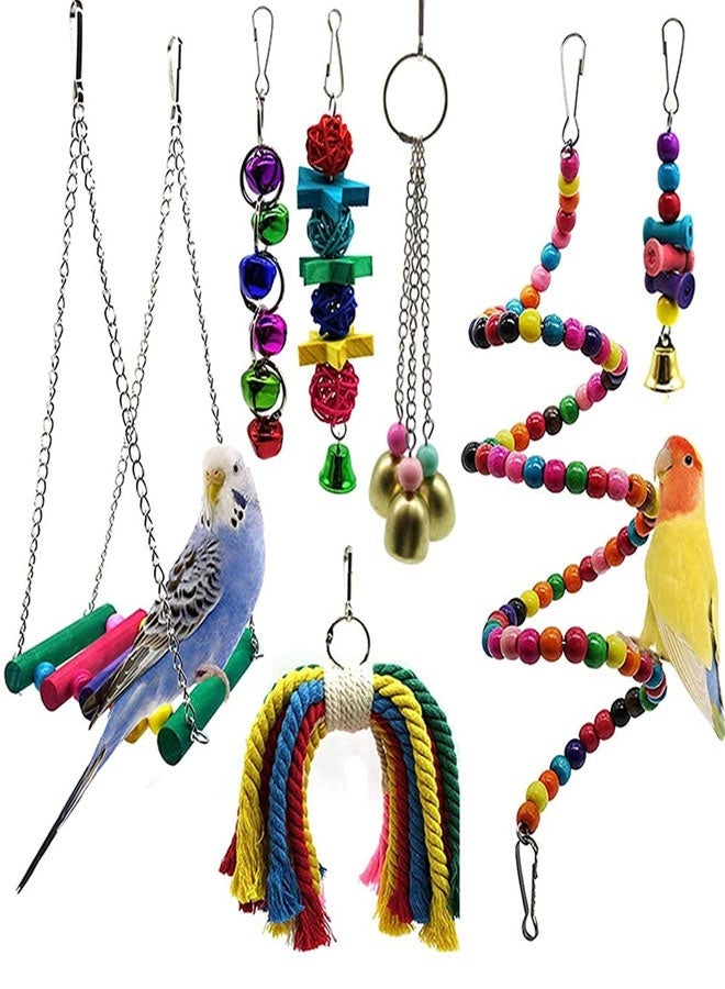وهاواي Bird Swing and Chewing Toys - 7pcs Cage Accessories for Small Parakeets, Cockatiels, Conures, Macaws, Parrots, Love Birds, Finches - Rope, Climbing, Standing Perches - Image 1