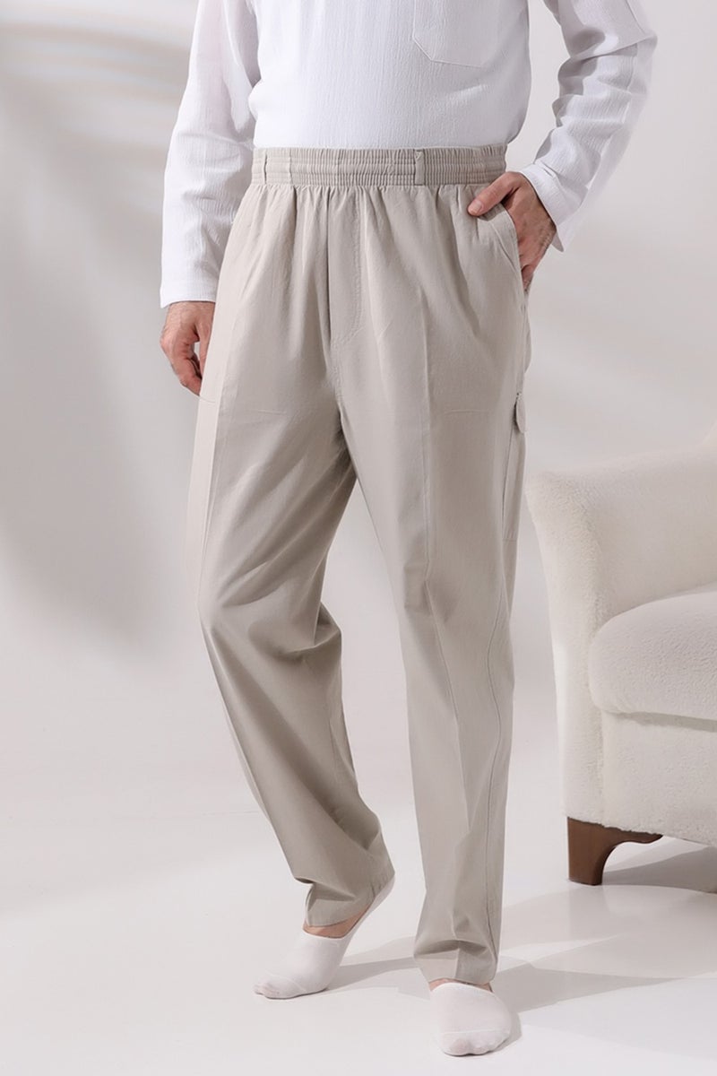 İhvan Online Ihvan Online Men's Cream Side Pocket Comfortable Cut Elastic Waist Cargo Hajj and Umrah Shalwar Trousers  - Image 1
