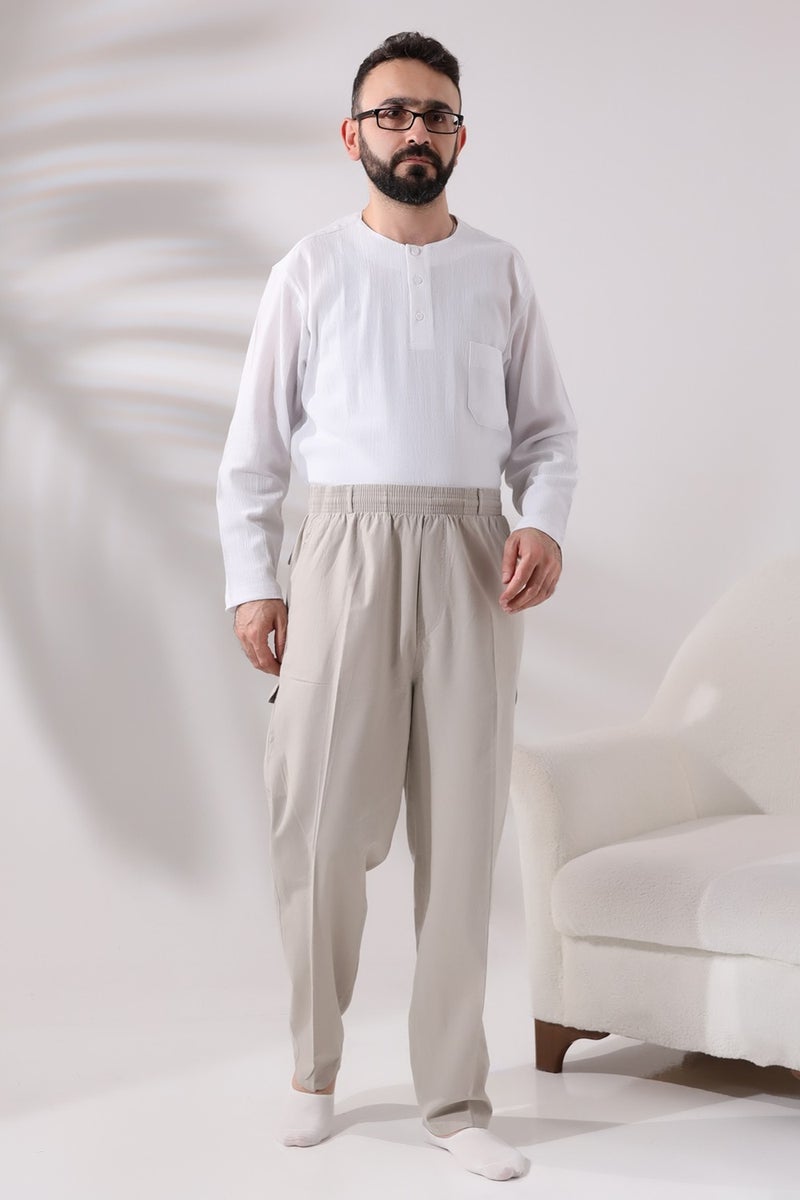 İhvan Online Ihvan Online Men's Cream Side Pocket Comfortable Cut Elastic Waist Cargo Hajj and Umrah Shalwar Trousers  - Image 2