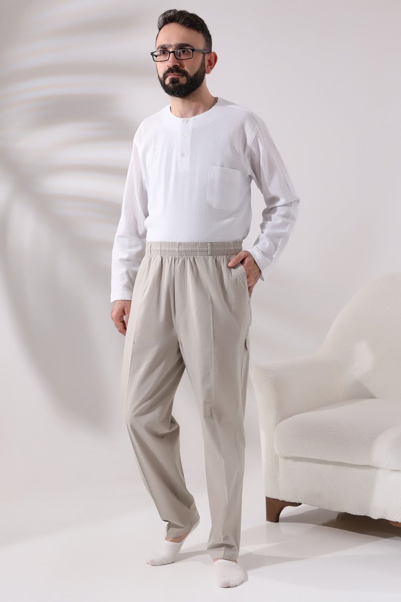 İhvan Online Ihvan Online Men's Cream Side Pocket Comfortable Cut Elastic Waist Cargo Hajj and Umrah Shalwar Trousers  - Image 3