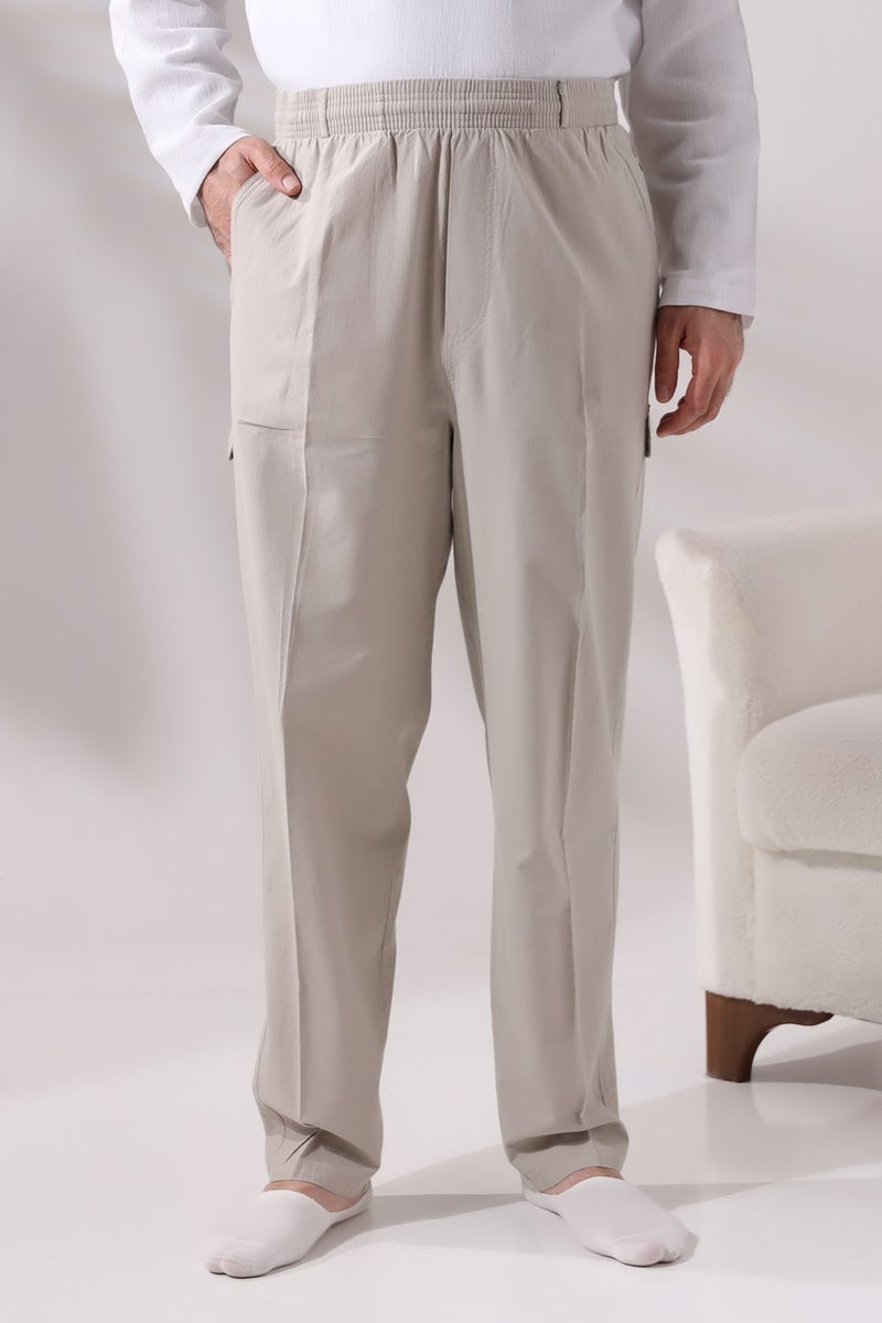 İhvan Online Ihvan Online Men's Cream Side Pocket Comfortable Cut Elastic Waist Cargo Hajj and Umrah Shalwar Trousers  - Image 4