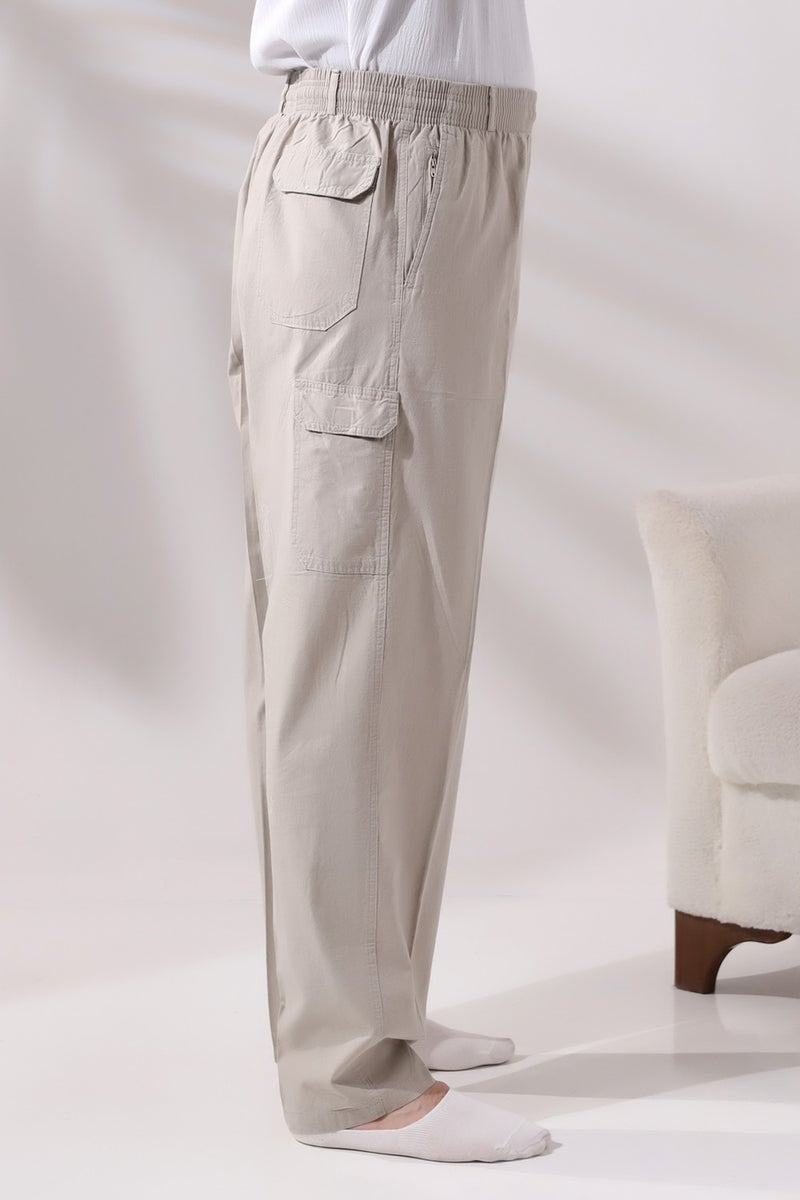 İhvan Online Ihvan Online Men's Cream Side Pocket Comfortable Cut Elastic Waist Cargo Hajj and Umrah Shalwar Trousers  - Image 5