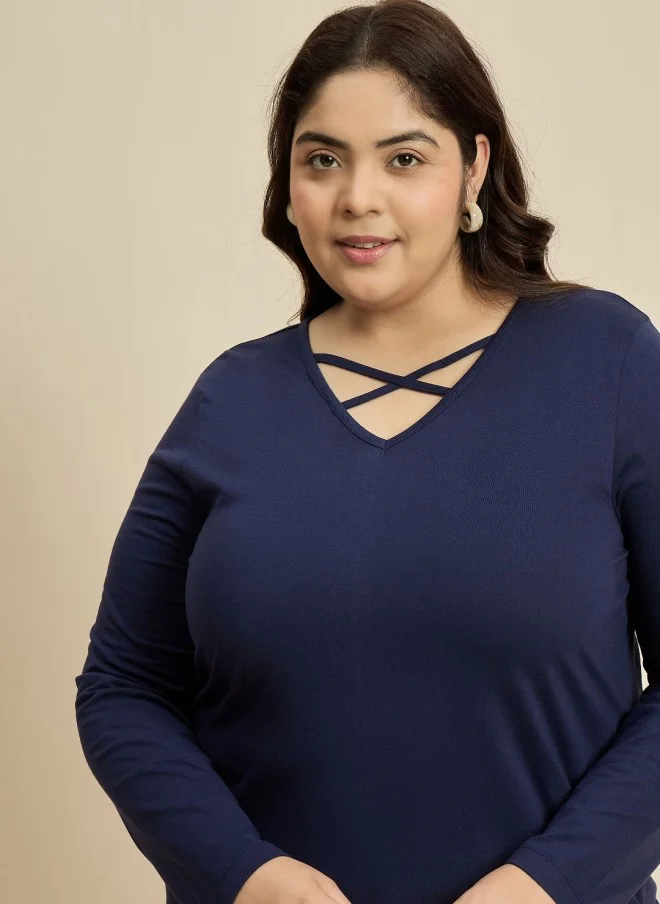 CURVY STREET Navy Blue V-Neck Cotton T-Shirt for Women