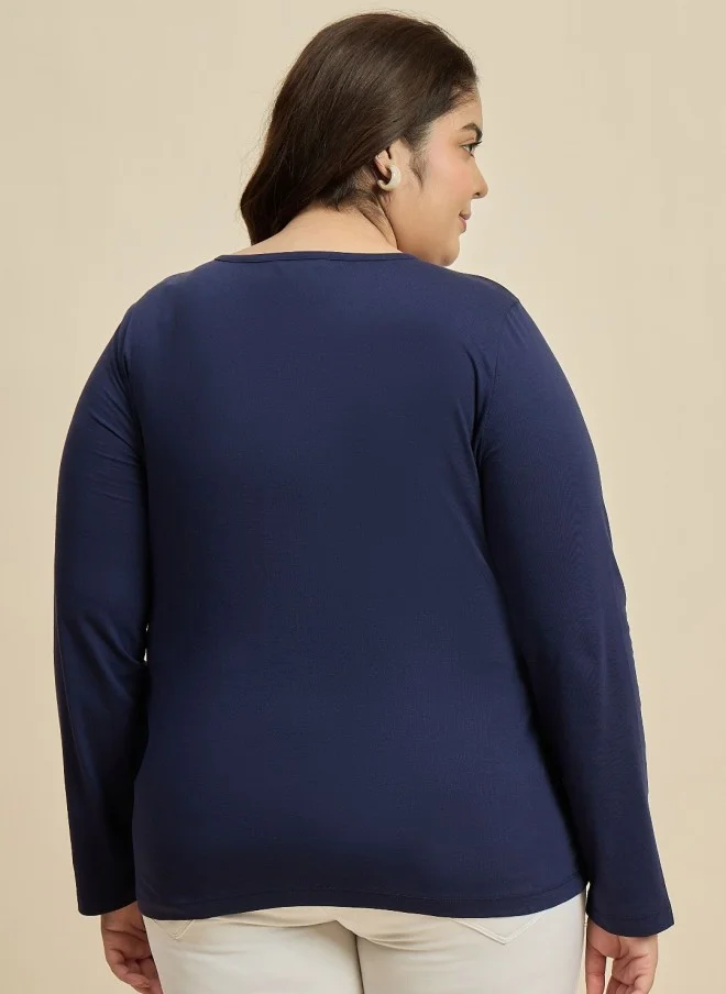 CURVY STREET Navy Blue V-Neck Cotton T-Shirt for Women