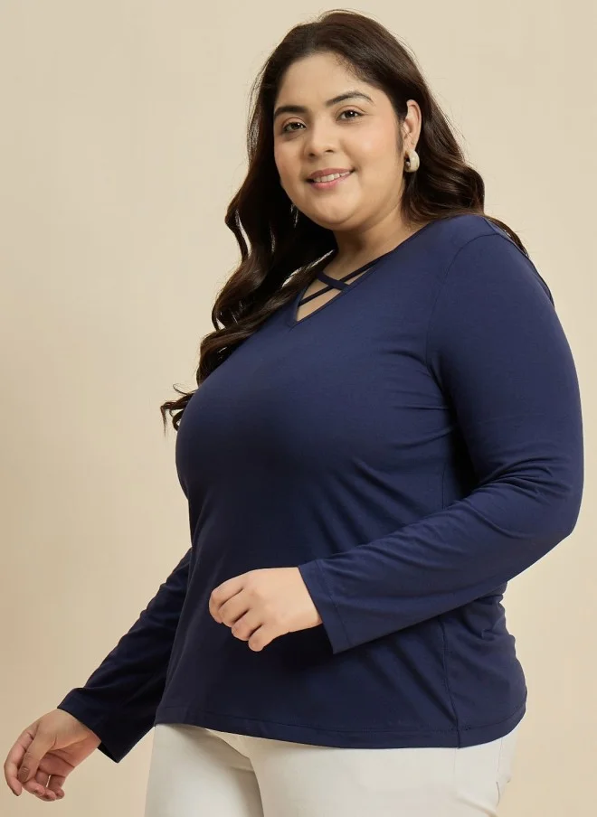 CURVY STREET Navy Blue V-Neck Cotton T-Shirt for Women