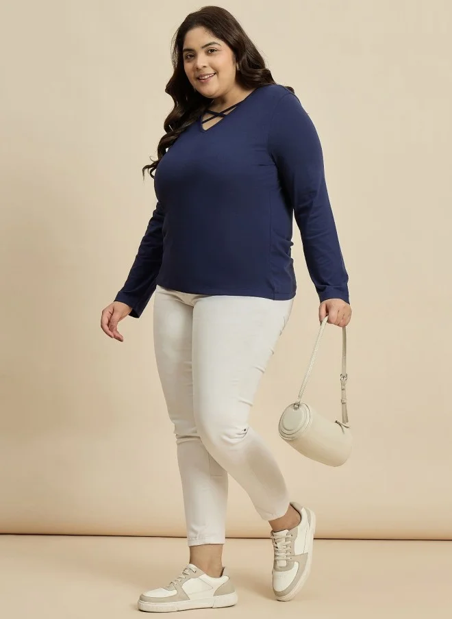 CURVY STREET Navy Blue V-Neck Cotton T-Shirt for Women