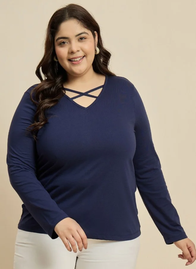CURVY STREET Navy Blue V-Neck Cotton T-Shirt for Women