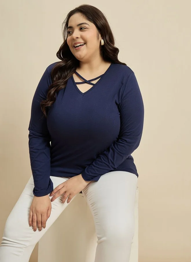 CURVY STREET Navy Blue V-Neck Cotton T-Shirt for Women