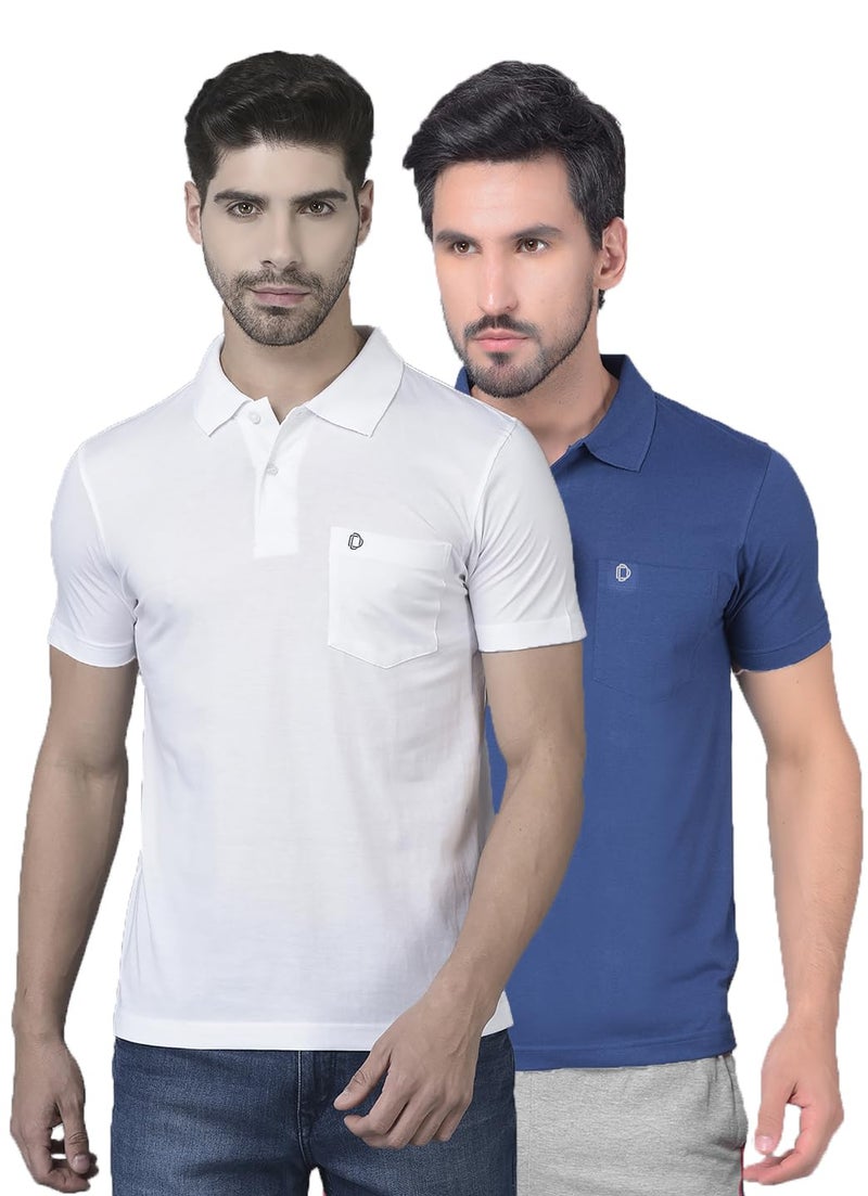 Dollar Mens Cotton Casual Solid Polo Tshirt (Pack of 2) White-Indigo - Image 1