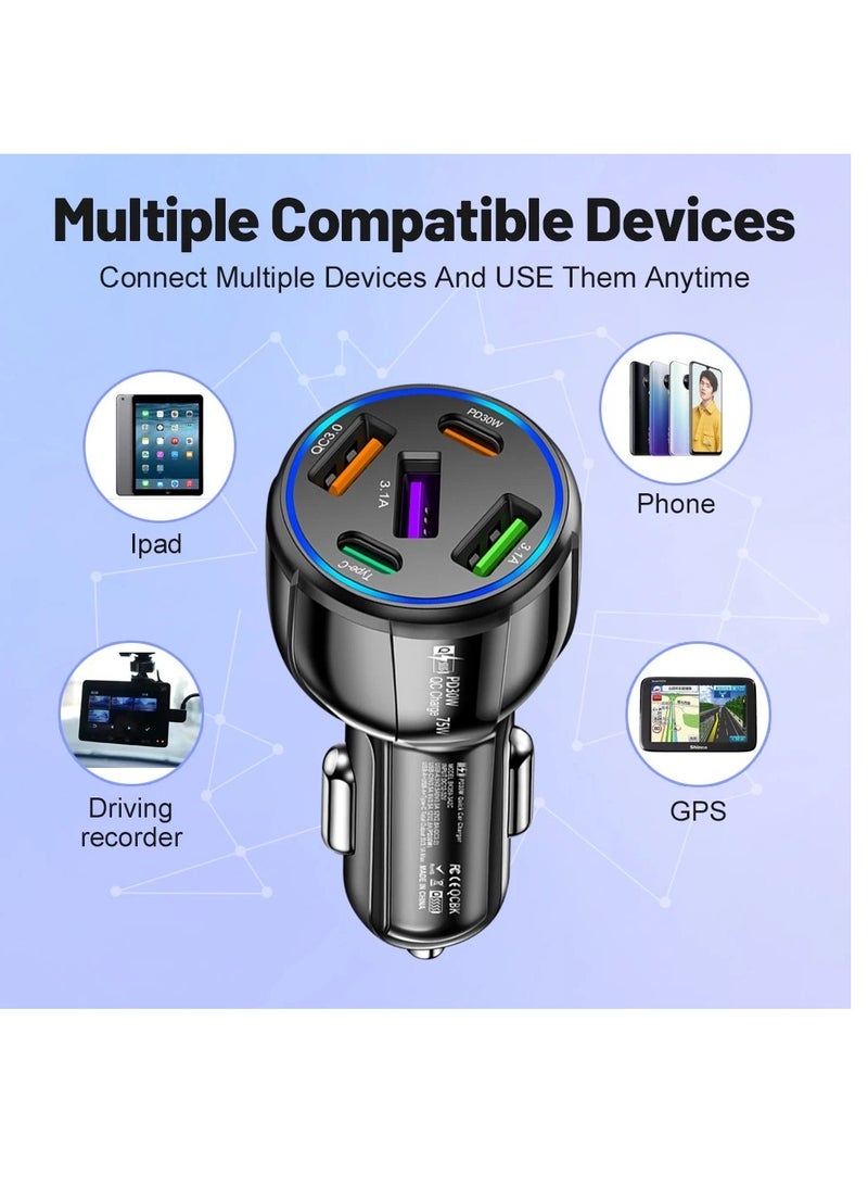 AROAQ USB Type C Car Charger QC3.0 PD Fast Charging Adapter 5 Ports 75W For iphone Xiaomi Huawei Samsung - Image 3