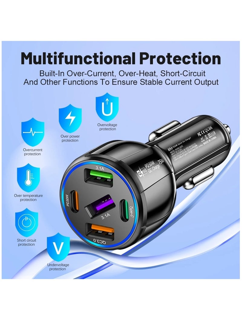 AROAQ USB Type C Car Charger QC3.0 PD Fast Charging Adapter 5 Ports 75W For iphone Xiaomi Huawei Samsung - Image 5