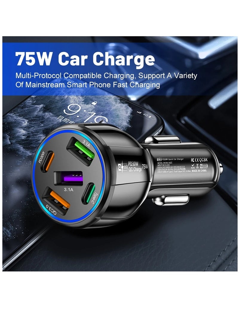 AROAQ USB Type C Car Charger QC3.0 PD Fast Charging Adapter 5 Ports 75W For iphone Xiaomi Huawei Samsung - Image 2