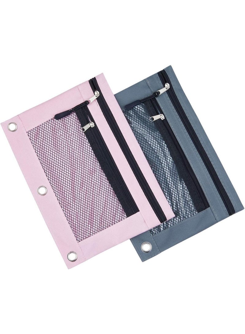 2 PCS Double Layer Binder Pencil Case with Zipper Puller, Transparent PVC Mesh Window Oxford Pencil Holder 3 Ring Binder Pencil Cases, Smooth Metal Zipper Pencil - Image 1