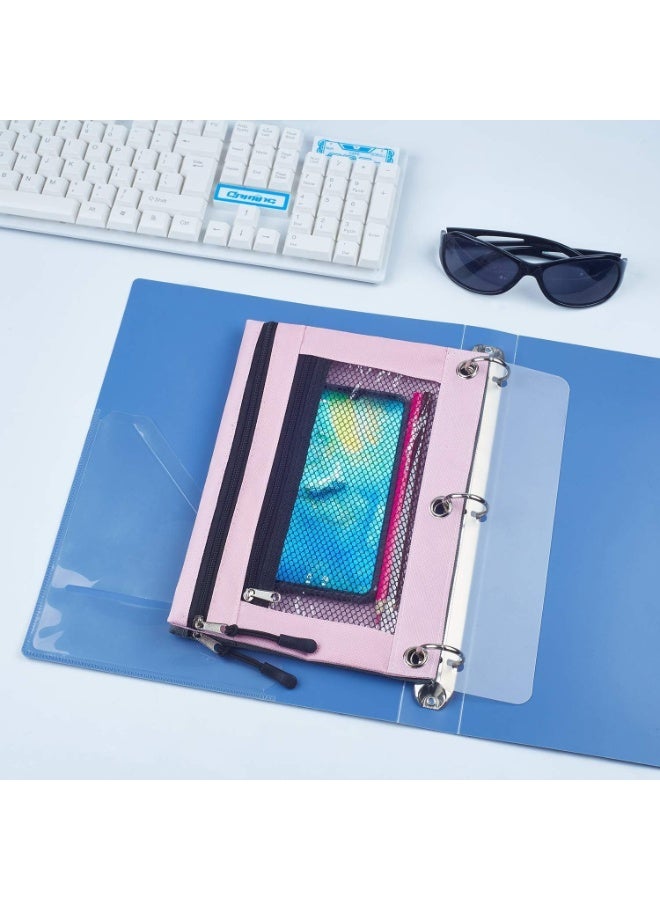 2 PCS Double Layer Binder Pencil Case with Zipper Puller, Transparent PVC Mesh Window Oxford Pencil Holder 3 Ring Binder Pencil Cases, Smooth Metal Zipper Pencil - Image 3