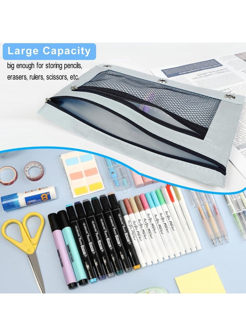 2 PCS Double Layer Binder Pencil Case with Zipper Puller, Transparent PVC Mesh Window Oxford Pencil Holder 3 Ring Binder Pencil Cases, Smooth Metal Zipper Pencil - Image 5