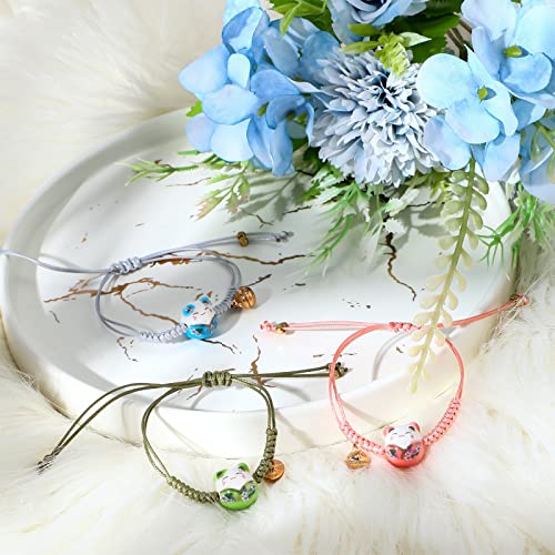 Sureio 3 Pieces Cat Maneki Neko Bracelet Cute Lucky Cat Ceramic Beads Bracelet Lucky Japanese Fortune String Hand Chain with Bell, Adjustable(Green, Blue, Pink) - Image 5