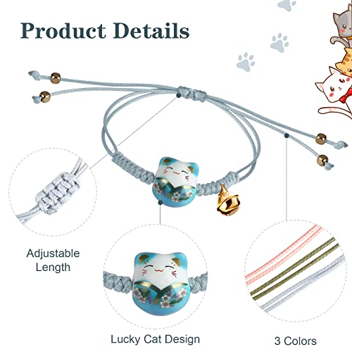Sureio 3 Pieces Cat Maneki Neko Bracelet Cute Lucky Cat Ceramic Beads Bracelet Lucky Japanese Fortune String Hand Chain with Bell, Adjustable(Green, Blue, Pink) - Image 3