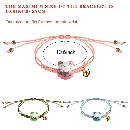 Sureio 3 Pieces Cat Maneki Neko Bracelet Cute Lucky Cat Ceramic Beads Bracelet Lucky Japanese Fortune String Hand Chain with Bell, Adjustable(Green, Blue, Pink) - Image 2