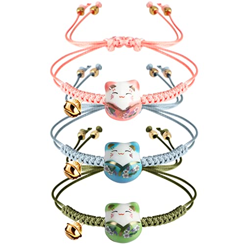Sureio 3 Pieces Cat Maneki Neko Bracelet Cute Lucky Cat Ceramic Beads Bracelet Lucky Japanese Fortune String Hand Chain with Bell, Adjustable(Green, Blue, Pink) - Image 1
