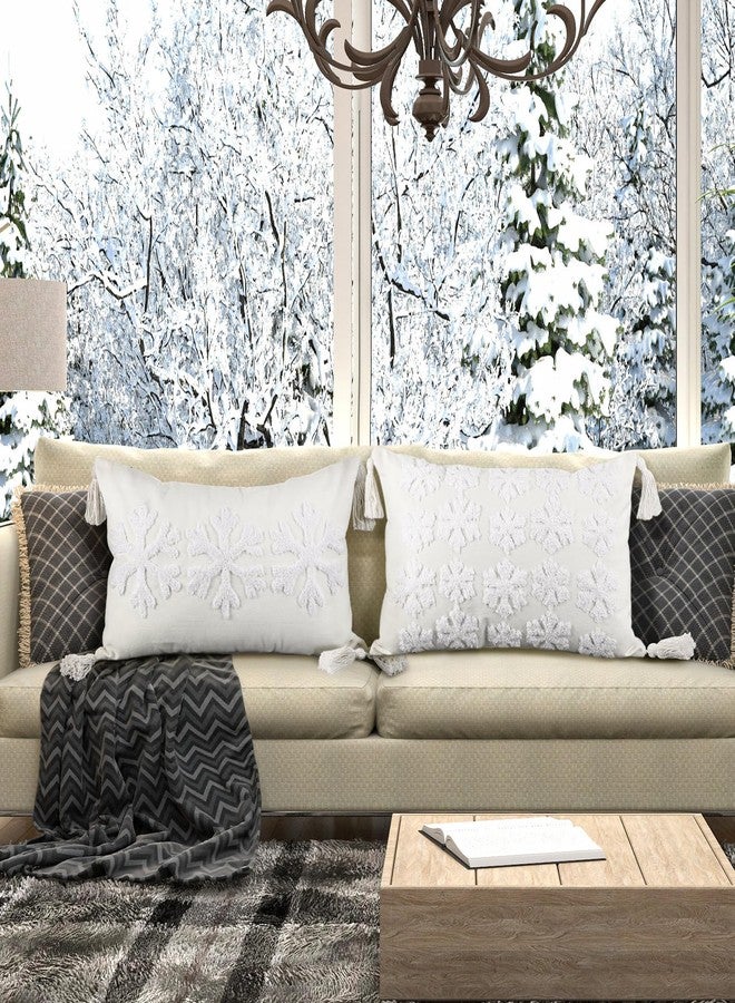 FuWeave 2 Pcs Snowflakes Pillows Covers with Tassels 12 x 20 Winter Pillow Covers Embroidered Winter Cotton Tufted Lumbar Pillowcases for Couch Home - Image 2