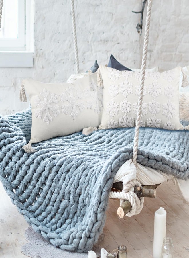 FuWeave 2 Pcs Snowflakes Pillows Covers with Tassels 12 x 20 Winter Pillow Covers Embroidered Winter Cotton Tufted Lumbar Pillowcases for Couch Home - Image 5