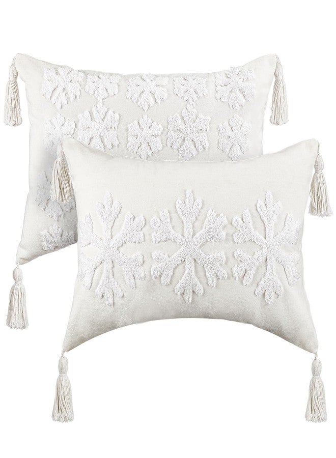 FuWeave 2 Pcs Snowflakes Pillows Covers with Tassels 12 x 20 Winter Pillow Covers Embroidered Winter Cotton Tufted Lumbar Pillowcases for Couch Home - Image 1