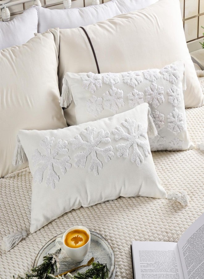FuWeave 2 Pcs Snowflakes Pillows Covers with Tassels 12 x 20 Winter Pillow Covers Embroidered Winter Cotton Tufted Lumbar Pillowcases for Couch Home - Image 3