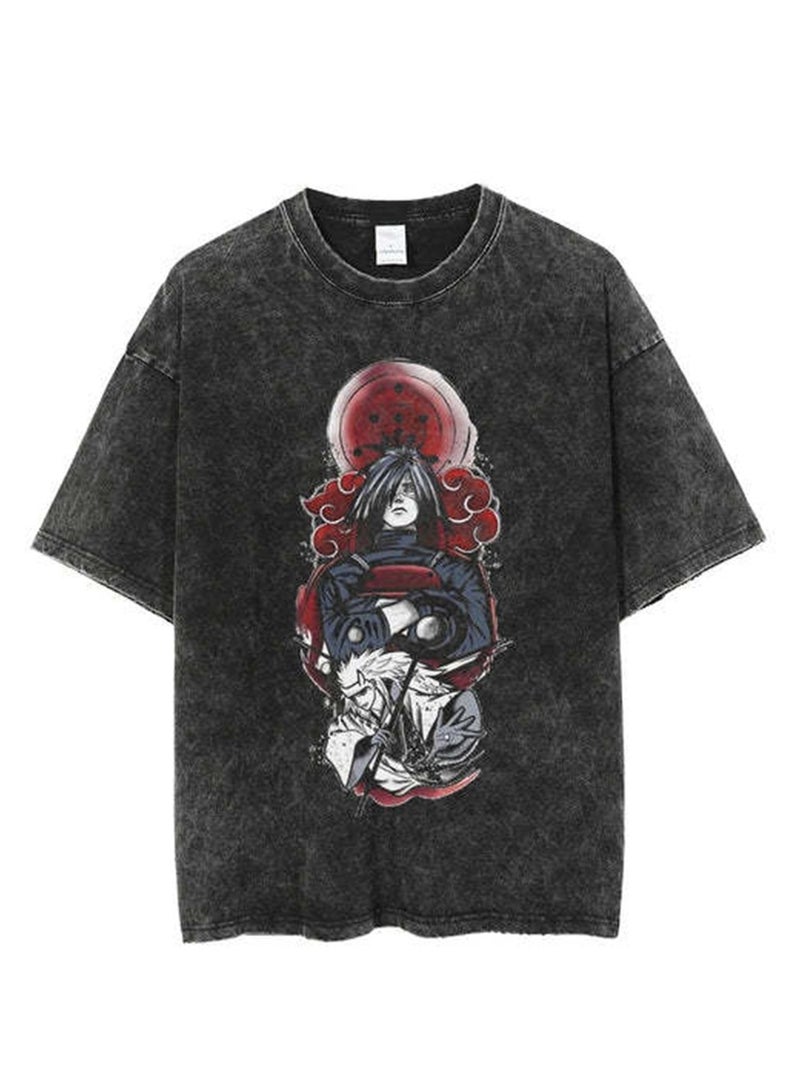 Washed retro T-shirt street hip hop anime Naruto casual cotton summer short sleeves - Image 1