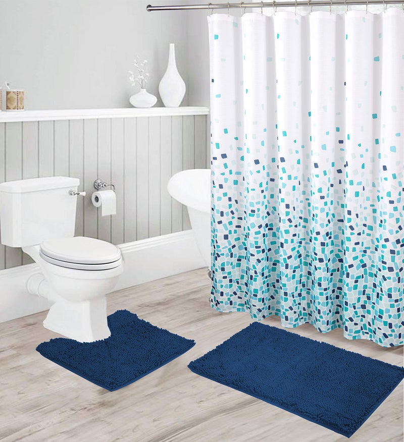 Chenille Soft Rug AntiSlip Bath Set Includes Bath Mat Contour Mat Shower Curtain and Stainless Steel Roller Ball Hooks New  Jasmine Navy Blue
