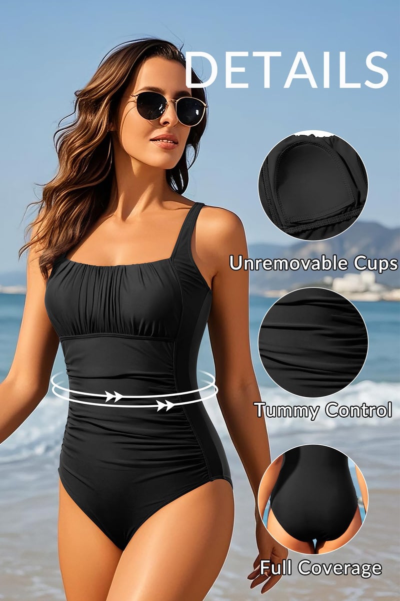 Aqua Eve One Piece Bathing Suit for Women Tummy Control Swimsuit Slimming Vintage Swimwear Black M - Image 5