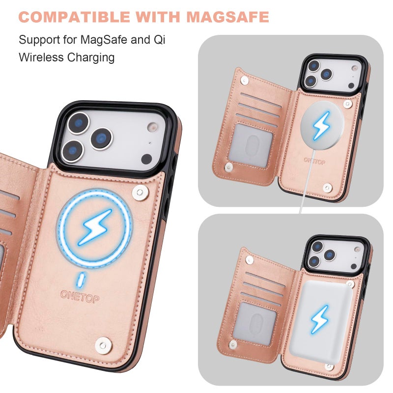 OT ONETOP ONETOP Compatible with Magsafe for iPhone 17 Pro Max Wallet Case with Card Holder, PU Leather Kickstand RFID Blocking Case, Double Magnetic Clasp and Durable Shockproof Cover 6.9 Inch (Rose Gold) - Image 5