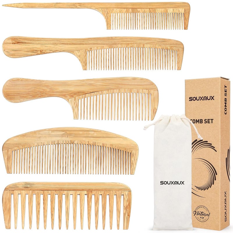 5 Pcs Natural Handmade Bamboo AntiStatic Combs Set  Wide Tooth Rat Tail and Fine Tooth for Long Short Thick Thin Wavy or Curly Hair Detangling Natural