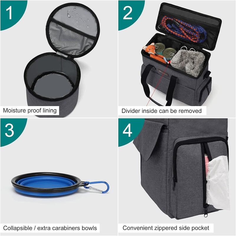 Modoker Airline Approved Pet Travel Bag, Weekend Dog Travel Set for Dog and Cat, Airline Approved Tote Organizer with Multi-Function Pockets 2 Food Storage Containers, 2 Collapsible Bowls (Dark Gray) - Image 3