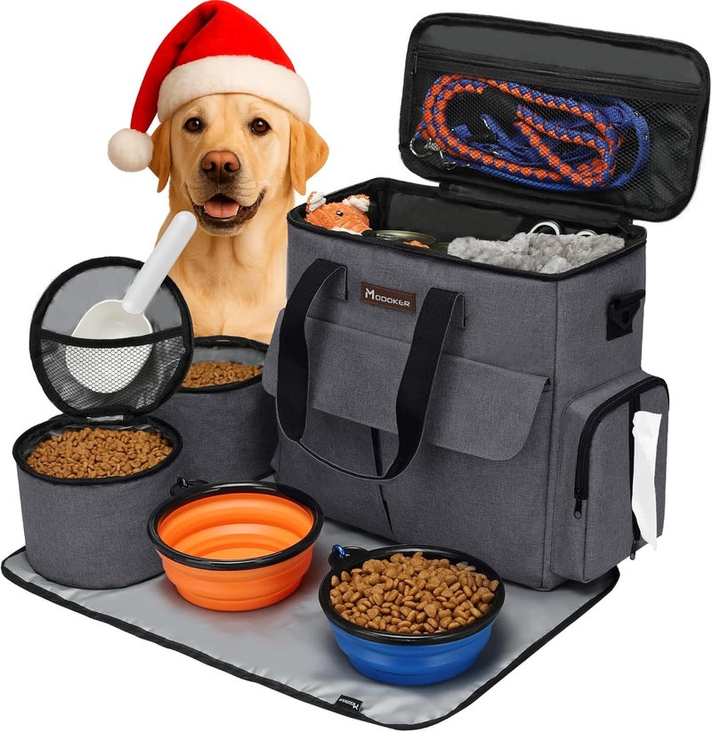 Modoker Airline Approved Pet Travel Bag, Weekend Dog Travel Set for Dog and Cat, Airline Approved Tote Organizer with Multi-Function Pockets 2 Food Storage Containers, 2 Collapsible Bowls (Dark Gray) - Image 1