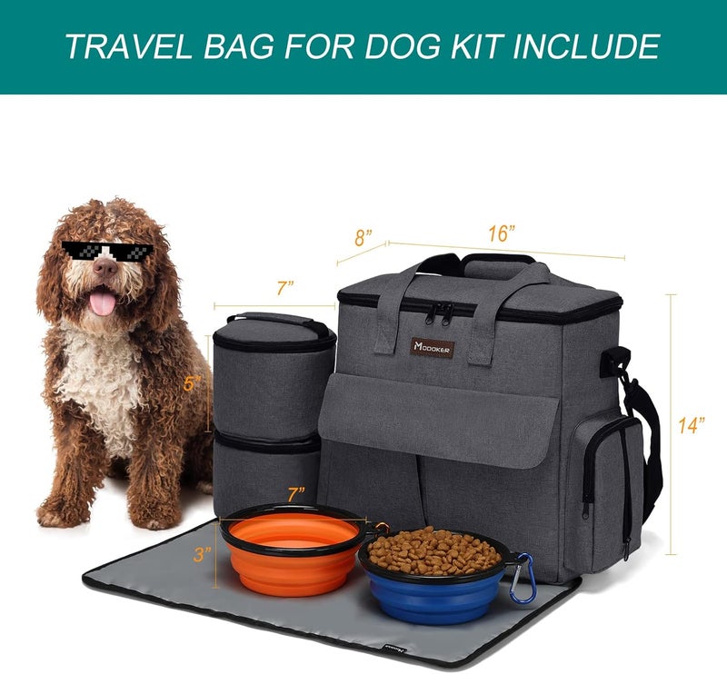Modoker Airline Approved Pet Travel Bag, Weekend Dog Travel Set for Dog and Cat, Airline Approved Tote Organizer with Multi-Function Pockets 2 Food Storage Containers, 2 Collapsible Bowls (Dark Gray) - Image 4