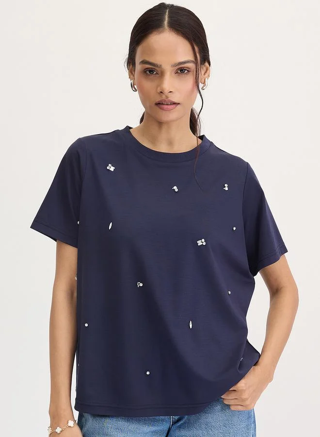 Navy Blue Rhinestone Embellished Short Sleeve T-Shirt