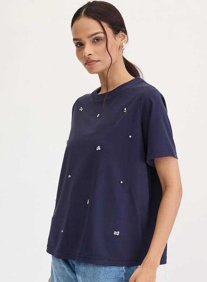 Femmella  Navy Blue Rhinestone Embellished Short Sleeve T-Shirt for Women | Best Price UAE