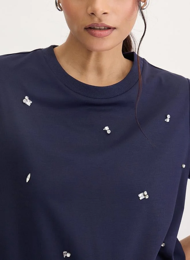 Femmella  Navy Blue Rhinestone Embellished Short Sleeve T-Shirt for Women | Best Price UAE