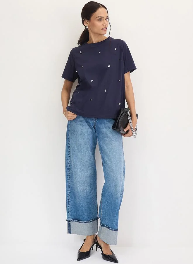 Femmella  Navy Blue Rhinestone Embellished Short Sleeve T-Shirt for Women | Best Price UAE
