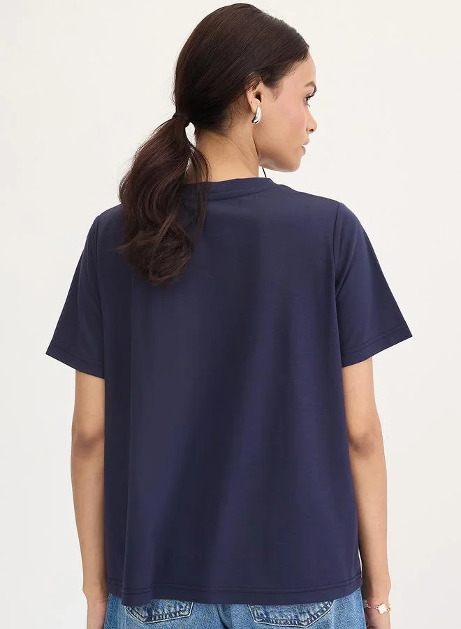 Femmella  Navy Blue Rhinestone Embellished Short Sleeve T-Shirt for Women | Best Price UAE