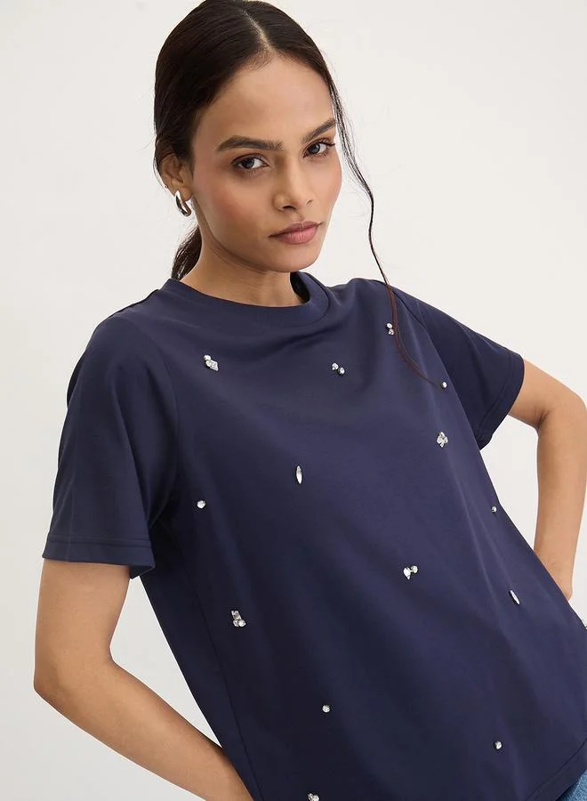 Femmella  Navy Blue Rhinestone Embellished Short Sleeve T-Shirt for Women | Best Price UAE
