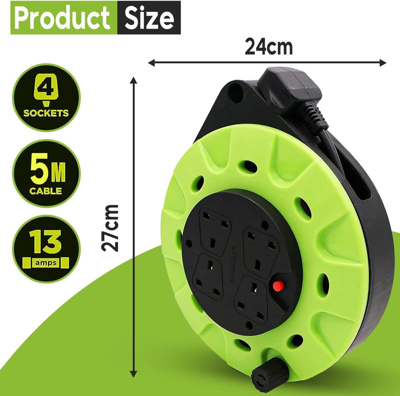 ADMORE England 5m Power Extension Reel With 4 Socket Retractable Strip | Green & Black Round Extension Cord | 1.25mm 99.9% Pure Copper Cable - Image 2