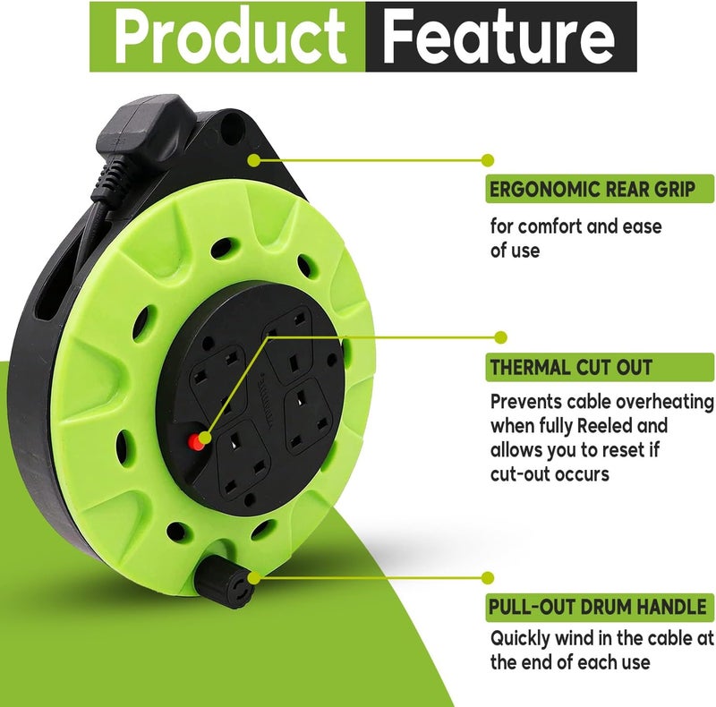 ADMORE England 5m Power Extension Reel With 4 Socket Retractable Strip | Green & Black Round Extension Cord | 1.25mm 99.9% Pure Copper Cable - Image 3
