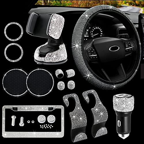 MAIMEIMI Bling Car Accessories Set for Women MAIMEIMI Rhinestone Decorations Interior with Steering Wheel Covers, License Plate Frame, Car Holder & Charger,14pcs Cute Girly Decor Set for Auto (White) - Image 1