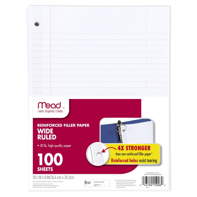 Mead Loose Leaf Paper, Wide Ruled Filler Notebook Paper, Reinforced, 8" x 10-1/2", 100 Sheets, Fits 3-Ring Binder (15006) - Image 1