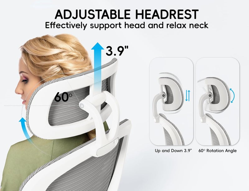 TRALT Office Chair - Ergonomic Office Chair with Back Support, Computer Chair - Home Office Desk Chairs, 330lbs Wide Seat Big and Tall Office Chairs with Headrest, Comfy Desk Chairs (White Grey) - Image 3