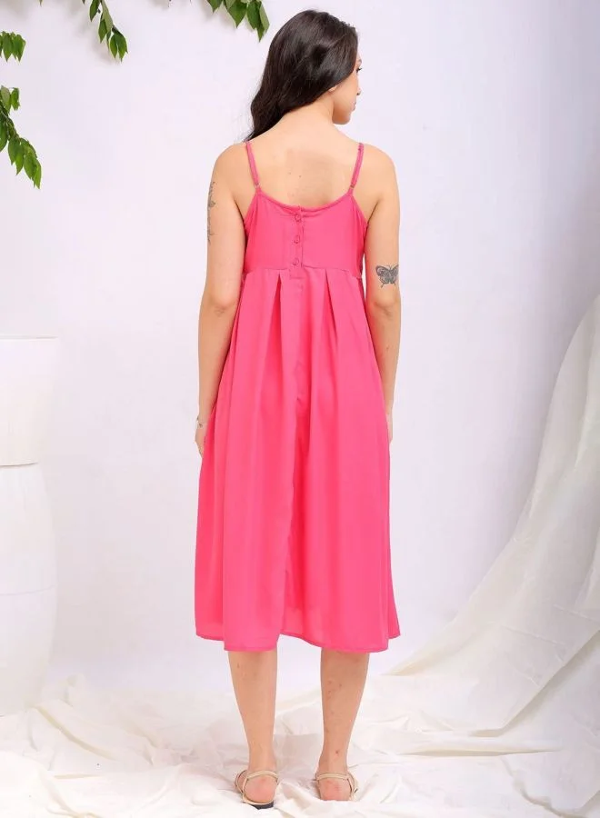 Freehand  Women Fit and Flared Solid Square Neck Sleeveless Pleated Dress for Women | Best Price UAE